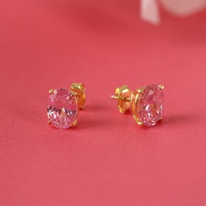 Oval pink tourmaline stud earrings for women, Pink tourmaline earrings studs in 14K gold, October birthstone earrings
