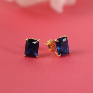 Radiant sapphire earrings studs for birthday gift, Dainty gemstone stud earrings in gold, September birthstone earrings