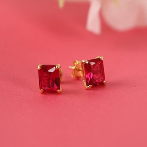 Radiant cut ruby stud earrings for women, Sparkle gemstone earrings studs in 14K gold, July birthstone earrings for her