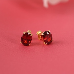 Oval cut garnet earrings studs for birthday gift, 14K gold garnet stud earrings for women, January birthstone earrings