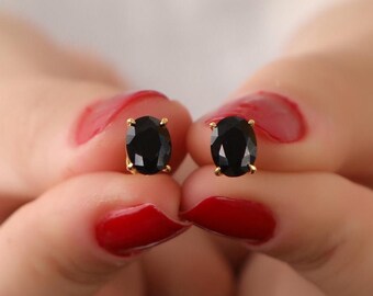 Oval Black Onyx Stud Earrings, 14K Gold Vermeil, Gemstone Earrings