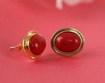 Red Coral Stud Earrings, 925 Sterling Silver, Gold Vermeil, Boho Gemstone