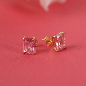 Radiant pink tourmaline earrings studs for birthday gift, Cute stud earrings in 14K gold, October birthstone earrings