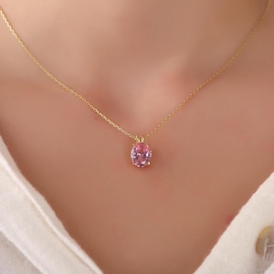 Oval cut pink tourmaline necklace for birthday gift, Pink gemstone necklace in 14K gold, October birthstone necklace