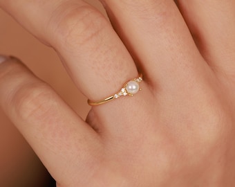 Anillo vintage de perlas y diamantes, anillo de promesa de plata de ley
