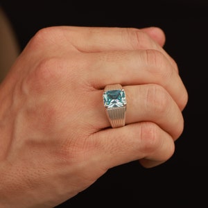 Rectangle cut blue topaz ring in sterling silver - male model