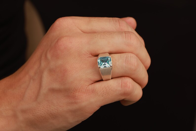 Rectangle cut blue topaz ring in sterling silver - male model