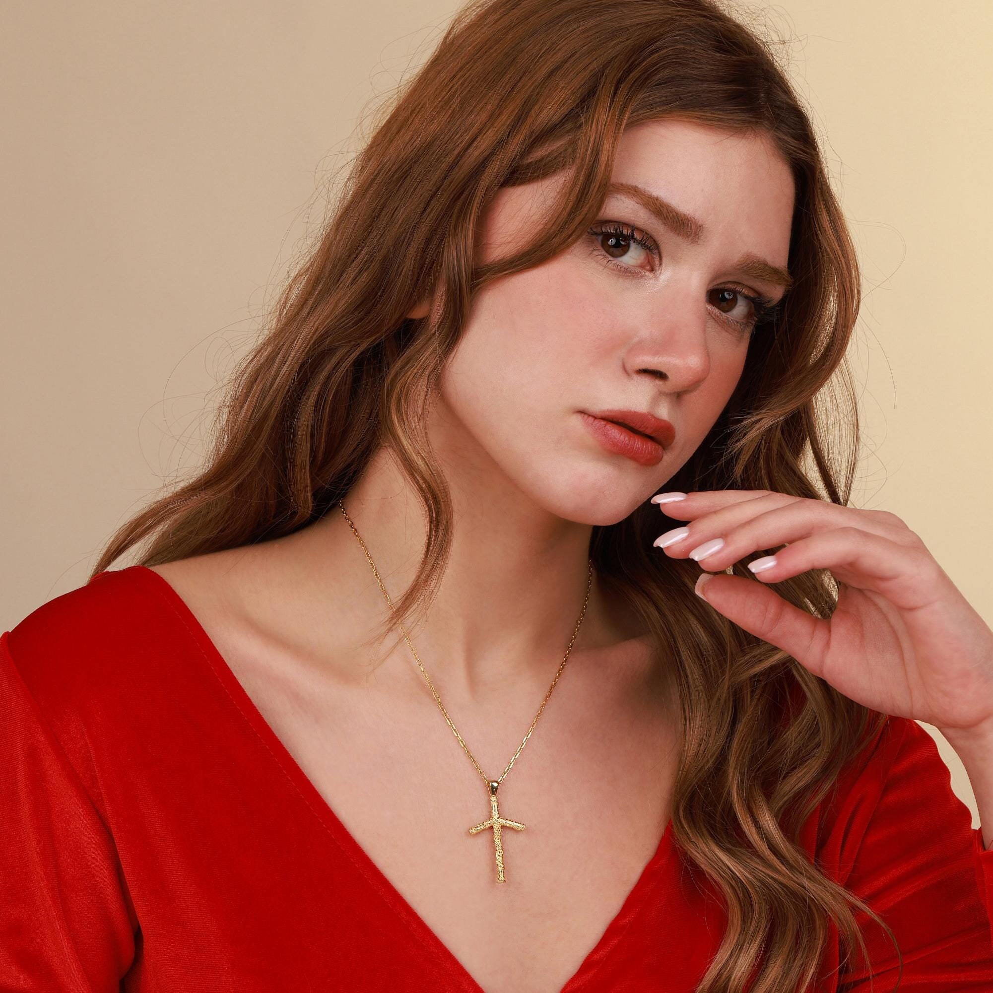 Gold Plated Grapevine Cross Necklace, Orthodox Christian Jewelry