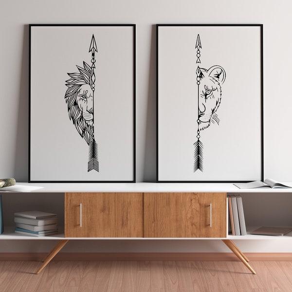 Lion et Lioness Line Art • Impression numérique minimaliste • Dessin au trait • 2 x 5 JPG en 5 tailles • Cadeau individuel