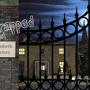 May include: A black metal gate with a sign that reads "Trapped at Barnforth Rectory". The gate is open and behind it is a stone building with windows lit up at night. The moon is visible in the sky.