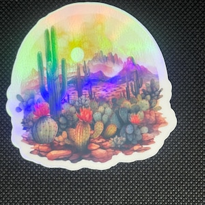 Pegatina holográfica de puesta de sol en el desierto: pegatina de vinilo estética de cactus para diarios, portátiles, botellas de agua, pegatina bohemia occidental