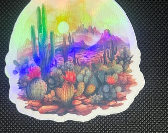 Holographic Desert Sunset Sticker – Arizona Cactus Vinyl Decal