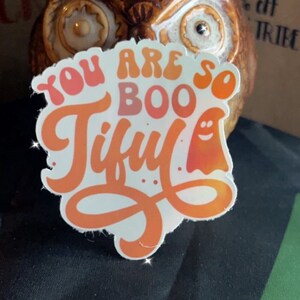 以下が含まれることがあります： オレンジとピンクの文字で「YOU ARE SO BOO Tiful」と書かれた白いステッカー。小さなゴーストのイラスト付き。ステッカーはレトロなスタイルで、ハロウィーン用です。