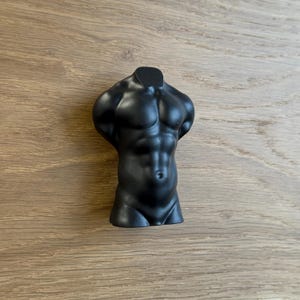 May include: A black, headless male torso sculpture with defined musculature. The sculpture is smooth and glossy, showcasing the chest, abdomen, and shoulders. The piece is set against a wooden background.