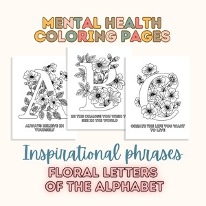 Livro de colorir para adultos Livro de colorir Mindfulness Páginas para colorir para adultos Terapia de arte para aliviar o estresse Frases inspiradoras Letras ABC