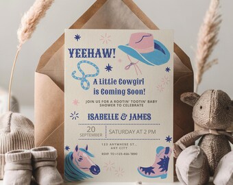 Cowgirl Baby shower invitation  Editable canva template Printable Digital Download Cowgirl party A Little Cowgirl is Coming Soon Rodeo Baby
