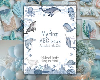 Primo libro ABC del bambino, gioco per baby shower, libro dell'alfabeto per bambini, attività per baby shower, gioco per feste, libro a tema animali marini, tema ABC sottomarino