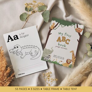 Puede incluir: Página para colorear en blanco y negro con la letra A y un cocodrilo. La página se titula "Aa is for Alligator". La página forma parte de un libro más grande titulado "My first ABC book jungle animals".