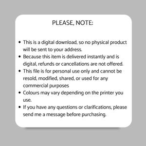K&ouml;nnte beinhalten: Ein wei&szlig;es Rechteck mit abgerundeten Ecken und dem Text "PLEASE, NOTE:" sowie Aufz&auml;hlungszeichen, die die Bedingungen f&uuml;r den digitalen Download detaillieren, einschlie&szlig;lich kein physisches Produkt, keine R&uuml;ckerstattung, nur f&uuml;r den pers&ouml;nlichen Gebrauch und Farbvariationen. Kontaktieren Sie bei Fragen.