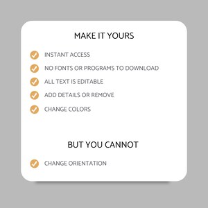 K&ouml;nnte beinhalten: Ein wei&szlig;es Quadrat mit abgerundeten Ecken zeigt den Text &bdquo;MAKE IT YOURS&ldquo;. Aufz&auml;hlungspunkte mit H&auml;kchen listen Funktionen wie sofortigen Zugriff und bearbeitbaren Text auf. Der Text &bdquo;BUT YOU CANNOT&ldquo; ist ebenfalls vorhanden, gefolgt von &bdquo;CHANGE ORIENTATION&ldquo;.