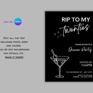 K&ouml;nnte beinhalten: Schwarz-wei&szlig;e Einladungskarte mit dem Text "RIP TO MY Twenties" und einer Martini-Glas-Illustration. Die Einladung enth&auml;lt Veranstaltungsdetails und das Canva-Logo. Der Hintergrund ist grau.