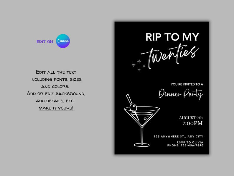 K&ouml;nnte beinhalten: Schwarz-wei&szlig;e Einladungskarte mit dem Text "RIP TO MY Twenties" und einer Martini-Glas-Illustration. Die Einladung enth&auml;lt Veranstaltungsdetails und das Canva-Logo. Der Hintergrund ist grau.