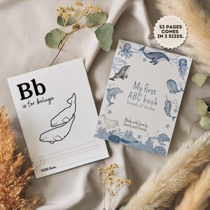 Può includere: Un libro dell'alfabeto stampabile per bambini con un'illustrazione in bianco e nero di una balena beluga. Il libro è intitolato "Il mio primo libro ABC: Animali del mare" e include il testo "Fatto con amore da famiglia e amici".
