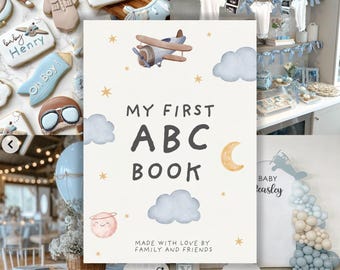 Babys first abc book baby shower game baby alphabet book baby shower activity party game airplane flight travel themed book ABC baby shower