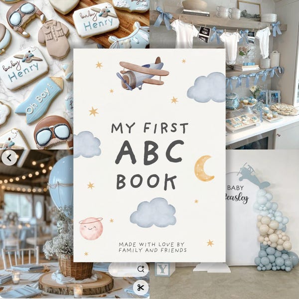 Babys first abc book baby shower game baby alphabet book baby shower activity party game airplane flight travel themed book ABC baby shower