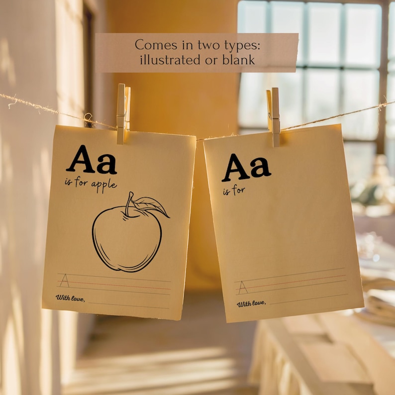 May include: Two printable alphabet cards, one with an illustration of an apple and the text "Aa is for apple" and the other with the text "Aa is for". Both cards have the text "With love," at the bottom.