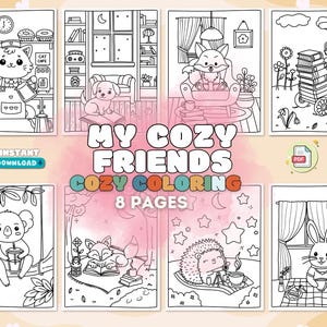 Cozy Coloring: Super Cute Animal Character - My cozy friend Printable Coloring pages, Cozy coloring, Adult coloring pages, Stress relief
