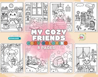 Cozy Coloring: Super Cute Animal Character - My cozy friend Printable Coloring pages, Cozy coloring, Adult coloring pages, Stress relief