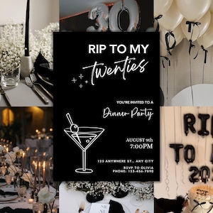 May include: A collage featuring a black and white party theme. Includes a party invitation that reads "Rip to my Twenties", balloons, a cake, and a table setting with candles and flowers.