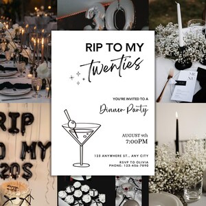 K&ouml;nnte beinhalten: Eine Collage aus Partydekorationen und Einladungsdetails. Die Einladung lautet "Rip to my Twenties" mit Details zur Dinnerparty. Weitere Elemente sind eine Tischdekoration, Luftballons, ein Kuchen und Cupcakes, alles in Schwarz und Wei&szlig;.
