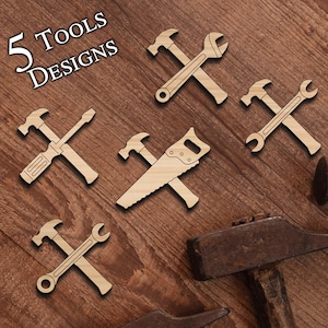 May include: Five wooden tool designs, including a hammer, wrench, screwdriver, saw, and a combination wrench and hammer. The designs are on a wood background.