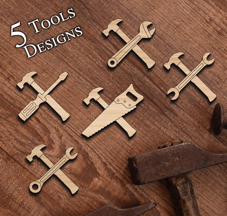 May include: Five wooden tool designs, including a hammer, wrench, screwdriver, saw, and a combination wrench and hammer. The designs are on a wood background.