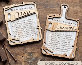 May include: Two rectangular wooden plaques with tool-themed borders, one labeled DAD and one GRANDPA. Each features the text Recipe for the best and a poem about strength, courage, protection, love, support, guidance, generosity, and laughter.
