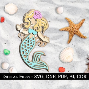 Decoração de casa em camadas 3D da sereia Glowforge SVG arquivo de corte a laser para crianças decoração de exibição Lightburn download digital presente para menina mulher esposa