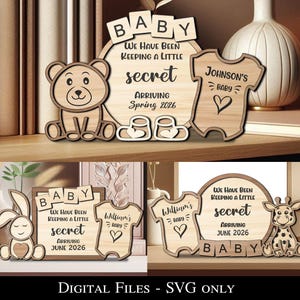 3er Set Baby Ankündigung Überraschungsschild Laser Geschenk Strampelanzug Overall Kaninchen Giraffe Bär Kind Kind Kleinkind Neugeborenen Zimmer Holz Dekor Rahmen