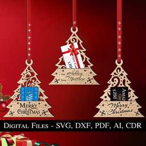 Adorno para árbol de Navidad con forma de tarjeta de regalo y portamonedas SVG, decoración del hogar, decoración de casa, Glowforge, láser Lightburn, descarga digital, más vendido