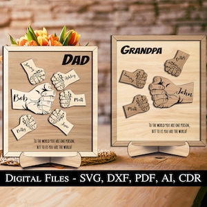 Vatertag Faust Beulen Stark Familie Tafel Schild Geschenk Holz Dekoration Rahmen Glowforge Lightburn Digitaler Download SVG Bestseller Laserdatei