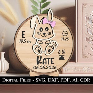 Bunny Baby Aankondiging Pasgeboren Rond Bord Cirkel Bord Geboortecadeau SVG Laser Bestseller Kid Kind Home Decor Huis Decoratie Konijn