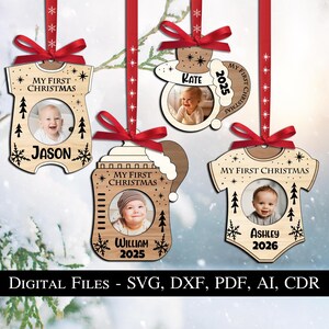 4 Il mio primo Natale Cornice per foto per neonati, ornamento, gancio per foto, tutina, ciuccio, biberon, bambino, regalo in formato SVG, laser digitale