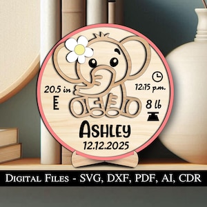Olifant babyaankondiging rond bord pasgeboren cadeau geboortecadeau SVG laser bestseller digitaal populair kind kind thuis huisdecoratie