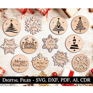 Pacchetto di 12 sottobicchieri invernali natalizi con fiocco di neve, albero di pino, cervo SVG, decorazioni per la casa, decorazione per la casa Glowforge Laser Lightburn, bestseller digitale