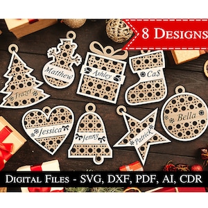 8 frohe Weihnachten Baum Rattan Ornamente Geschenke präsentiert Dekoration Haus Dekor hängen Glowforge SVG Laser Digital Download Bestseller