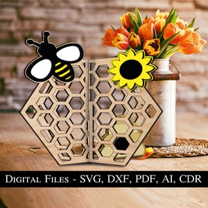 Sommer- Bienenwabe 3D Wohndekor Biene Bienenstock Muster Blume SVG Bauernhof Dekoration Glowforge Laser Cutter bereit Datei Bestseller Digital Lightburn
