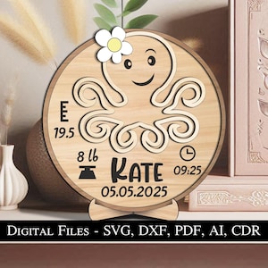 Octopus Baby Aankondiging Pasgeboren Rond Bord Cirkel Bord Geboortecadeau SVG Laser Bestseller Kid Kind Home Decor Huis Decoratie Cadeau