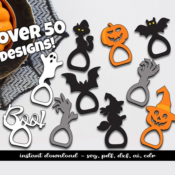 50+ Designs Halloween Serviettenringhalter Bundle SVG Glowforge Dekoration Kürbis Hexe Geist Fledermaus Boo Zombie Hand Spinne RIP Grabstein Katze