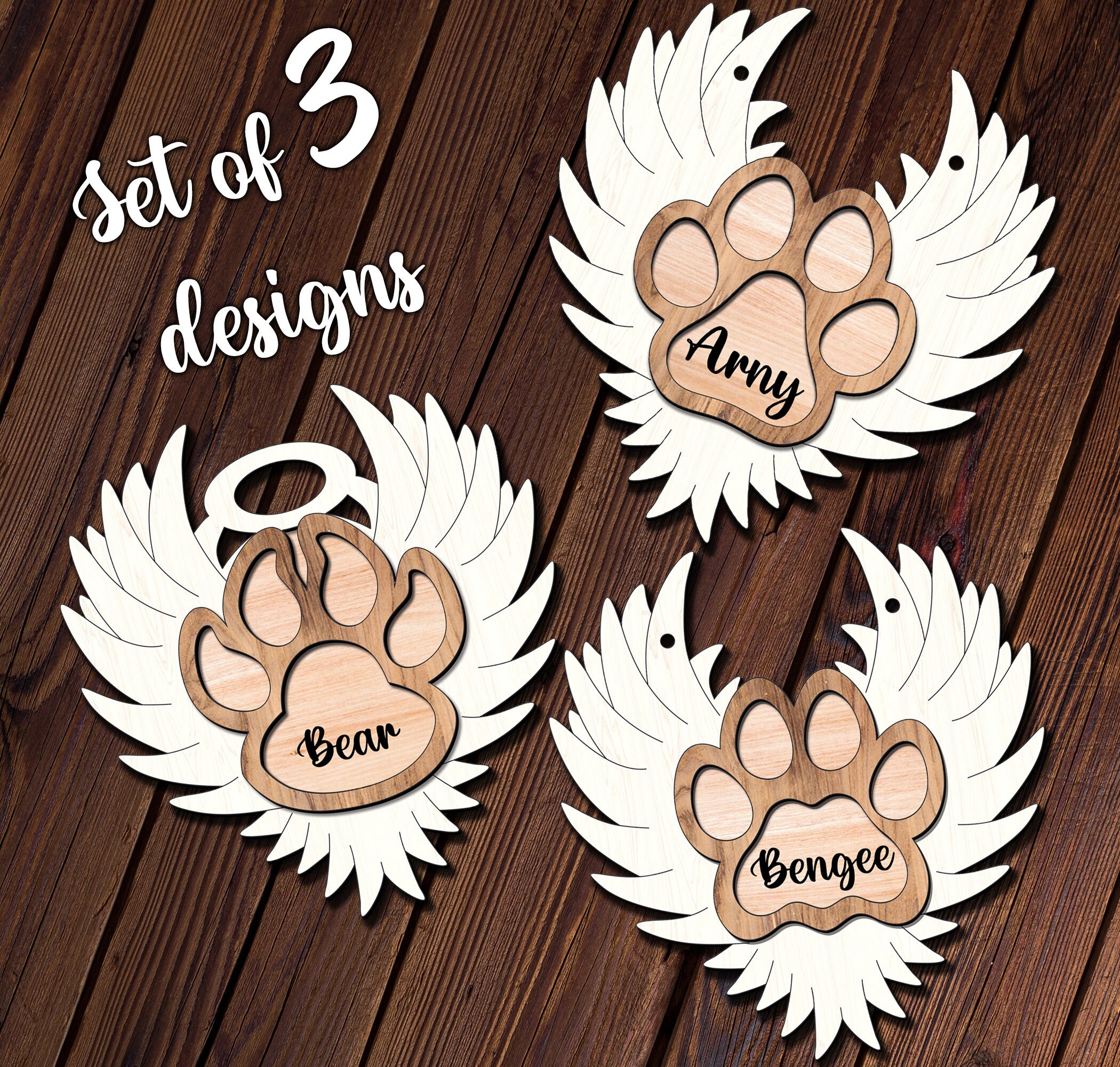 3 Pet Memorial Ornament Laser SVG Angel Wings Paw Dog Cat Remembrance ...